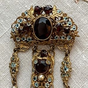 Stunning Vintage Czech Garnet & Pearl Brooch